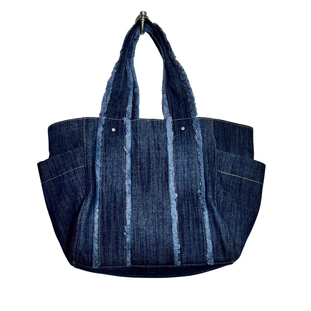 True Religion Denim Tote Bag Frayed Trim Blue Dark Wash Y2K Buddha World Tour - Picture 2 of 15